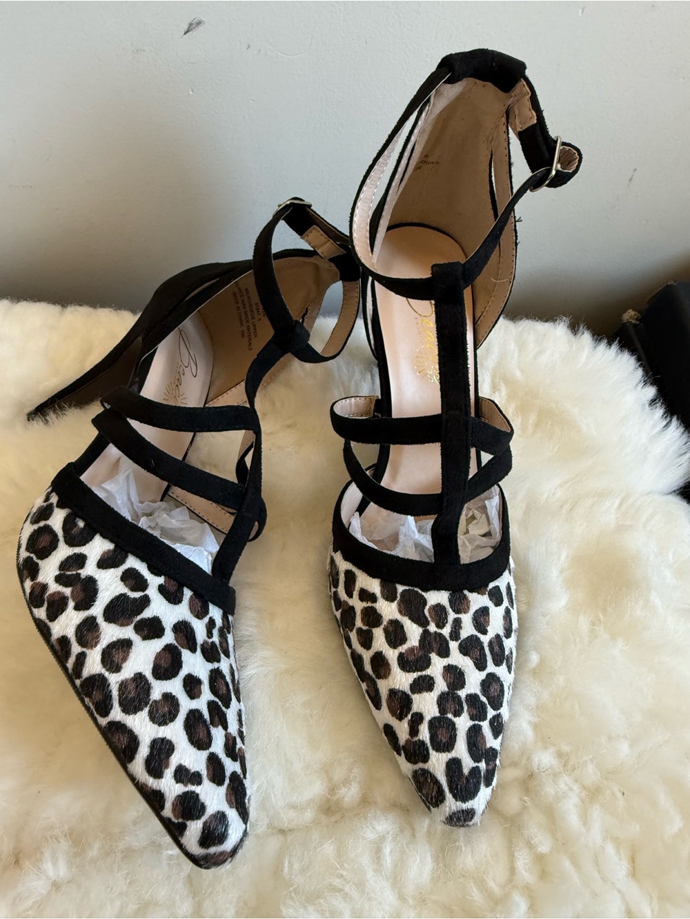 Beacon Leopard-Print Pointed-Toe Woman’s Heels with Black Straps